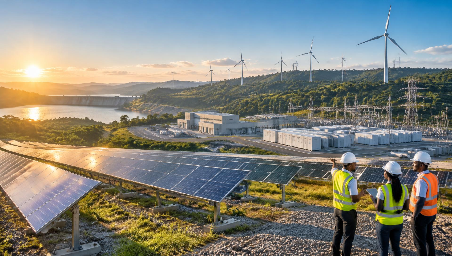 Solar trackers, wind turbines, hydro balancing and battery infrastructure in an integrated renewable complex
