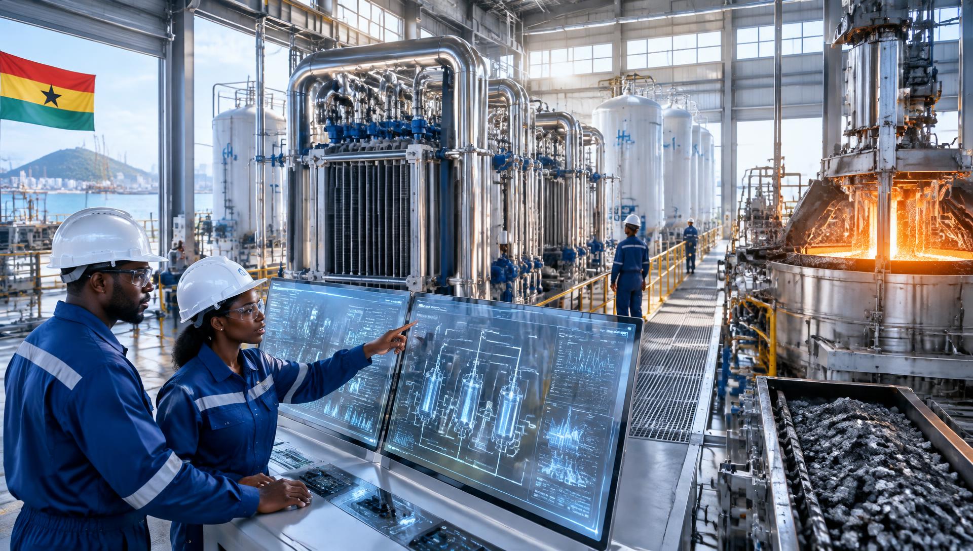 Ghanaian engineers operating hydrogen electrolysis and advanced steelmaking systems